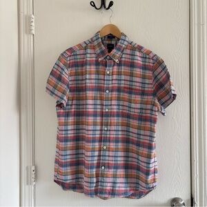 J.Crew Slim Fit Men’s Large Linen Cotton Plaid Button Down Shirt Short Sleeve